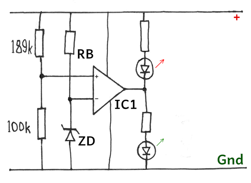 Hand drawn circuit diagram containing a comparator which is a right facing triangle, a zener and resistors