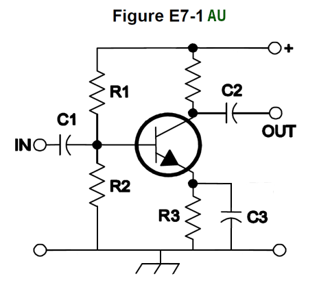 A single transistor amplifier (Class A) - Aussie style, with the ground rail drawn joining the grounded parts.