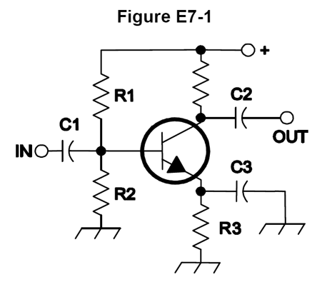 A single transistor amplifier (Class A) - US style, US style with chassis symbols on three parts.